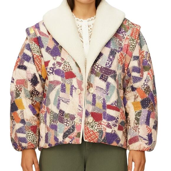 SEA NY Harlow Patchwork Faux Fur Puffer Jacket S NWT Quilted Boho Small - Picture 2 of 12